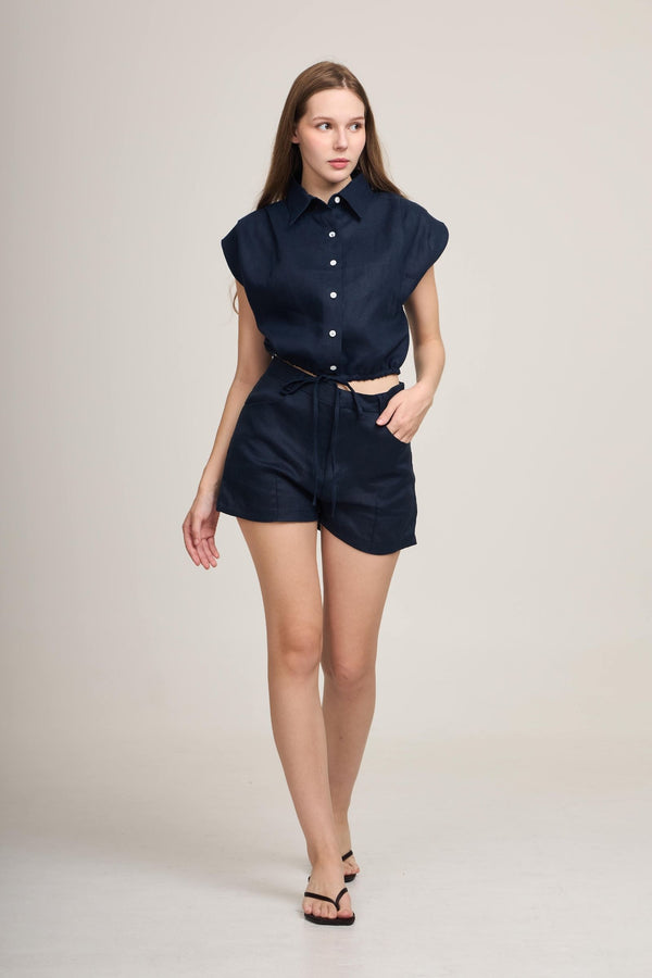 Panini Linen Top – Cropped button-down collar top in Beige, White and Navy – Eli&Co Chiang Mai