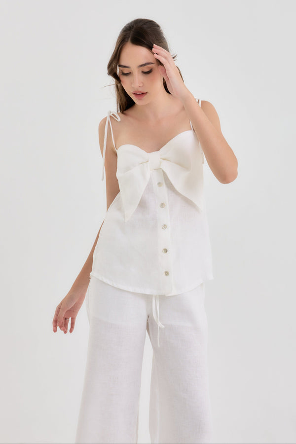 Bow Tie Linen Tank Top – Bow detail tank top in White and Beige – Eli&Co Chiang Mai