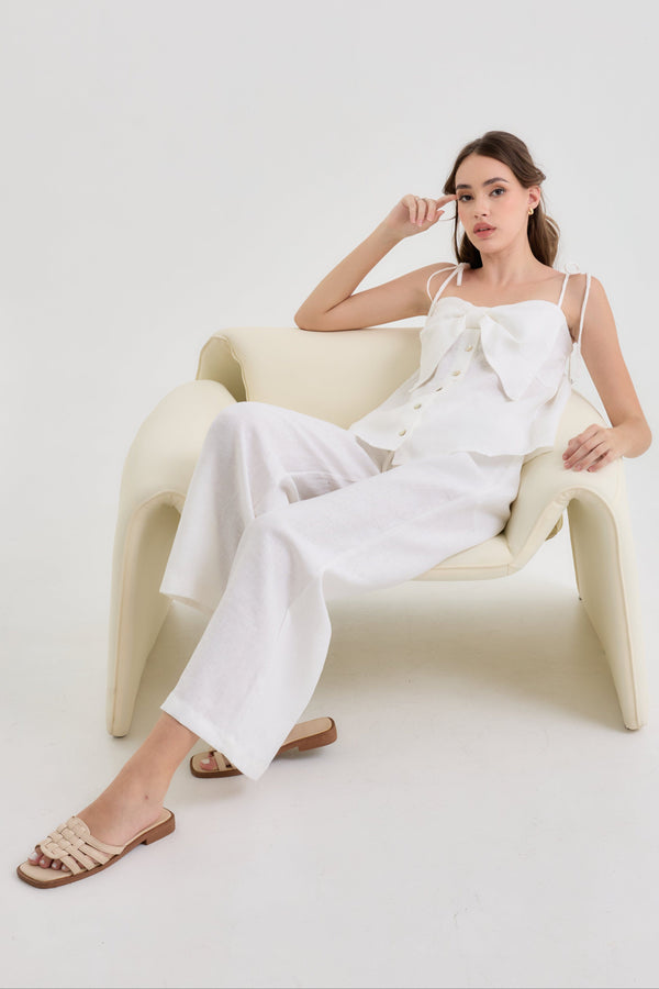 Bow Tie Linen Trousers – Wide-leg trousers with bow waist in White and Beige – Eli&Co Chiang Mai
