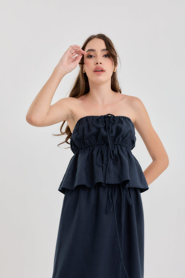 Buttercup Strapless Linen Top – Ruched strapless top in Blue, White and Beige – Eli&Co Chiang Mai