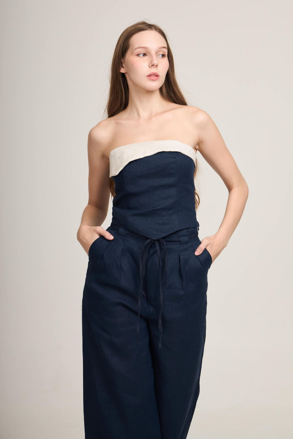 Tatin Linen Top – Strapless two-tone top in Beige, Navy and White – Eli&Co Chiang Mai
