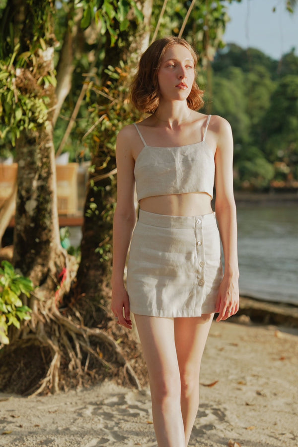 Emily Linen Short Skirt – High-waist mini skirt in Beige, White and Navy – Eli&Co Chiang Mai