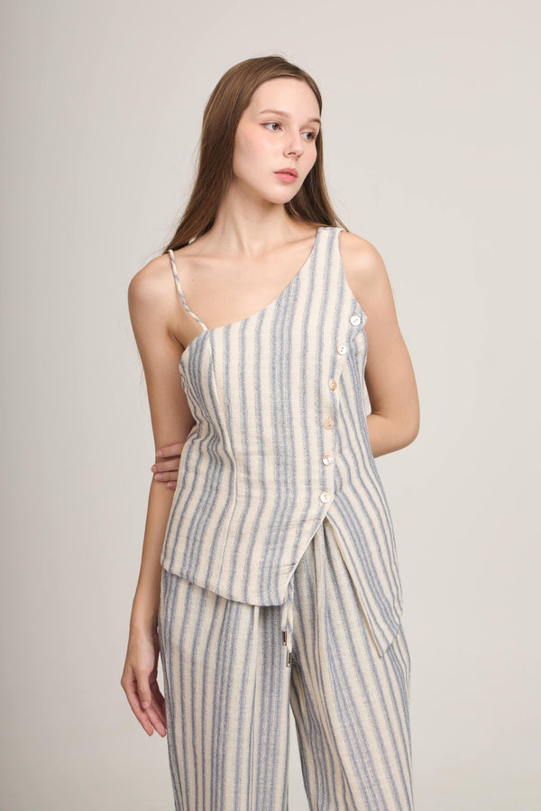 Kissel Linen Top – One-shoulder button detail top in Beige, White and Striped – Eli&Co Chiang Mai
