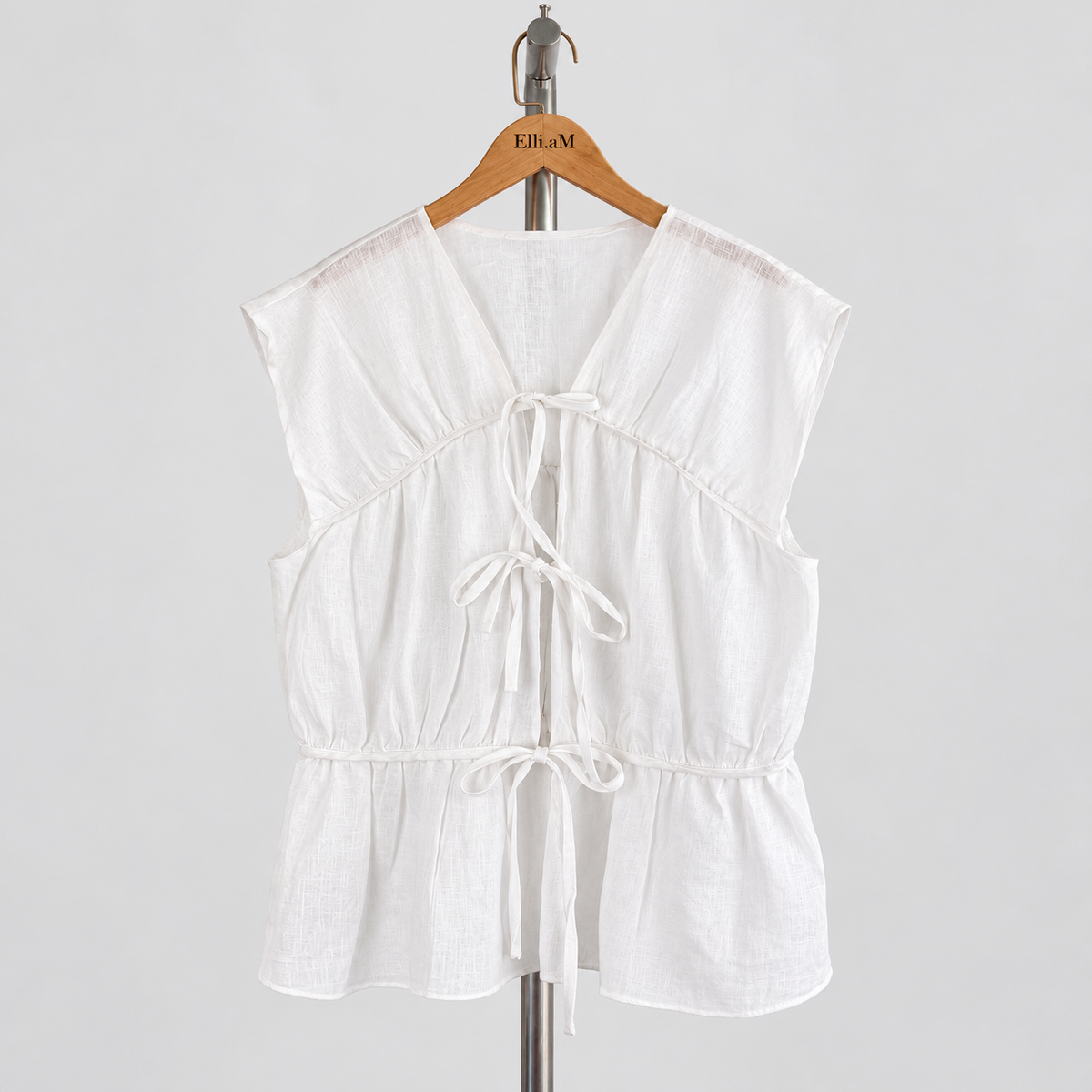 Daisy Tie-Front Top — White / Linen — front view