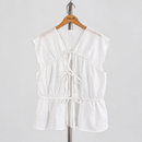 Daisy Tie-Front Top — White / Linen — front view