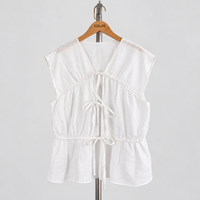 Daisy Tie-Front Top — White / Linen — front view