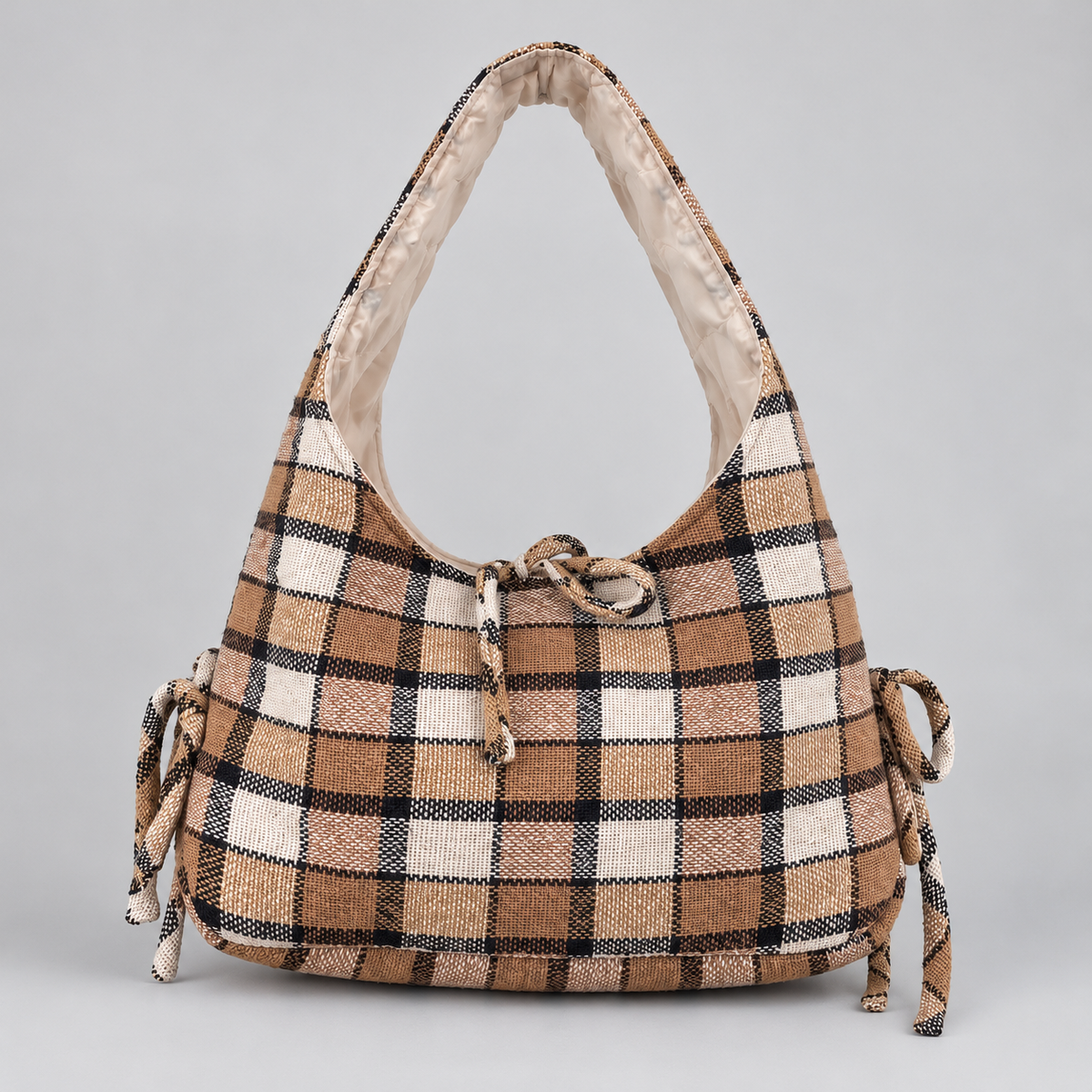 Mila Shoulder Bag — Brown Check / Cotton — front view