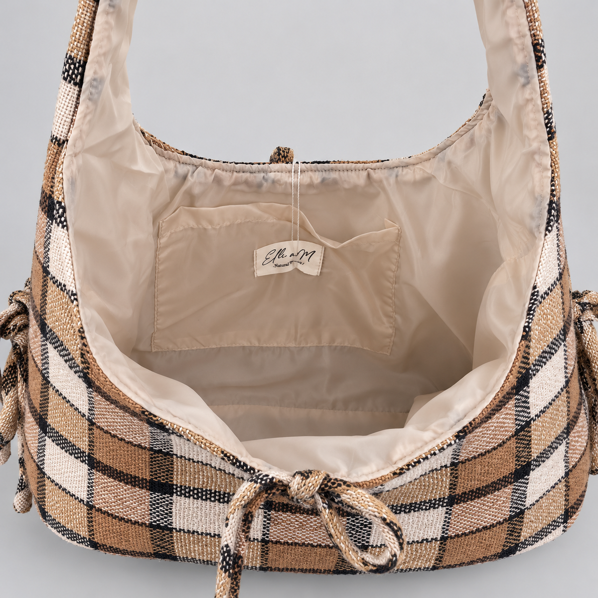 Mila Shoulder Bag — Brown Check / Cotton — inside and lining