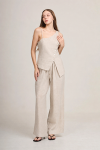 Kissel Linen Top – One-shoulder button detail top in Beige, White and Striped – Eli&Co Chiang Mai