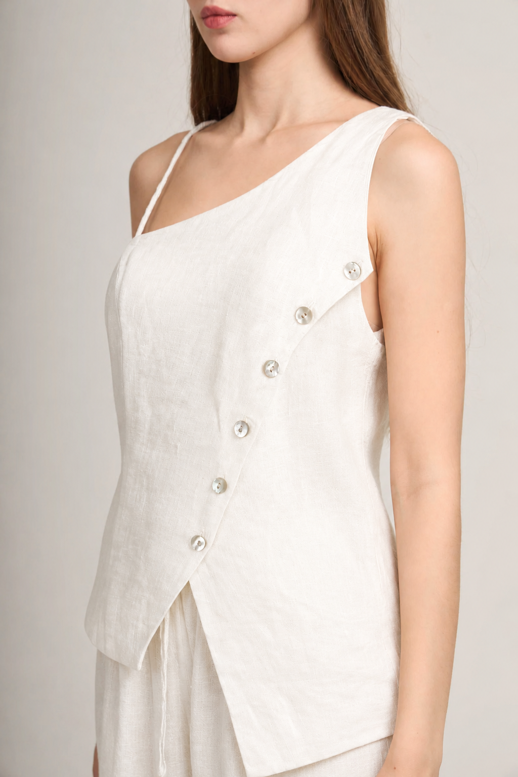 Kissel Linen Top – One-shoulder button detail top in Beige, White and Striped – Eli&Co Chiang Mai